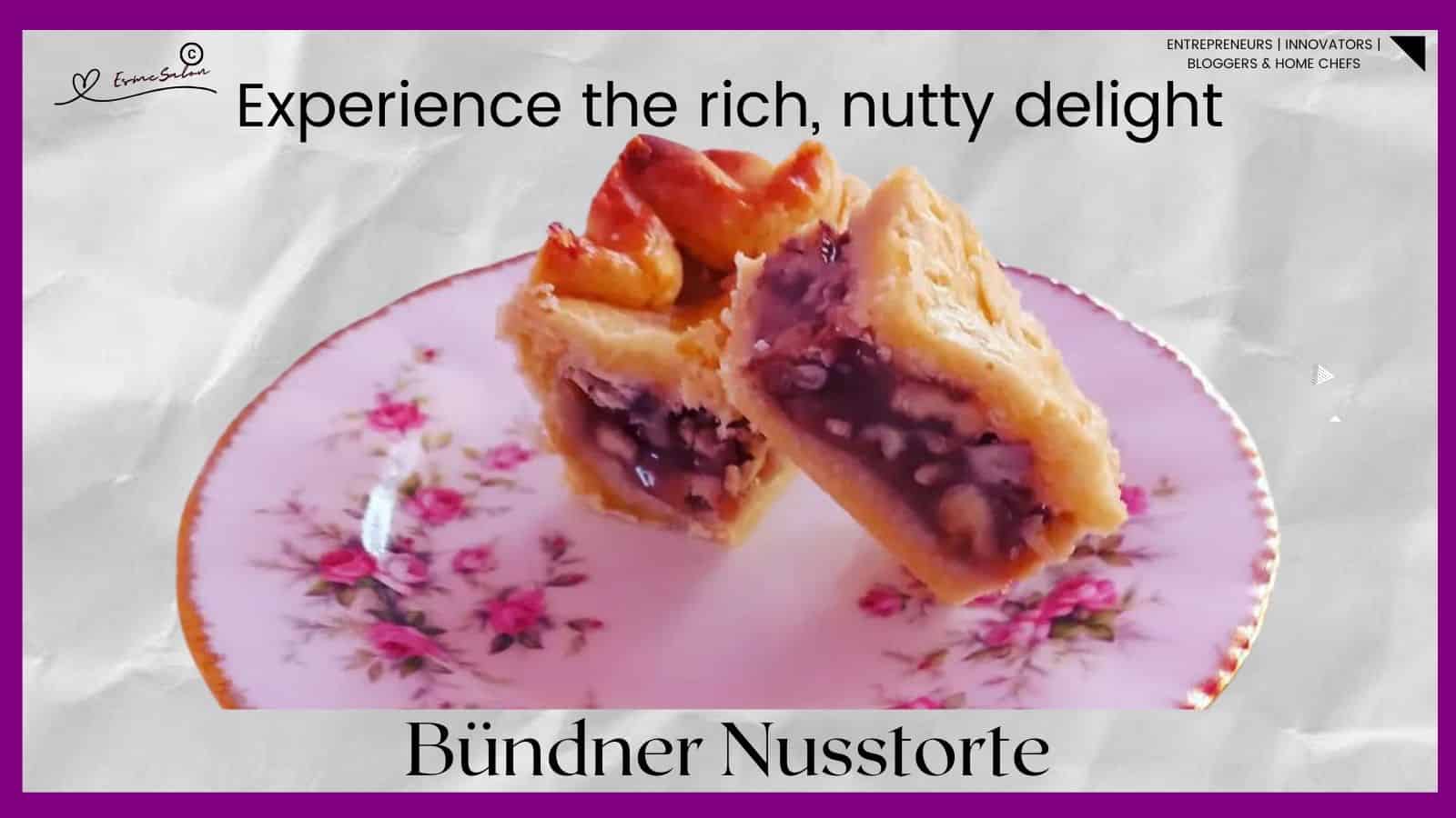 An image of a Swiss nut-filled pastry, Bündner Nusstorte served on a pretty side plate with pink flowers
