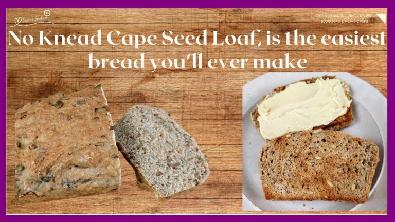 An image of No Knead Cape Seed Loaf, sliced on a wooden board, and toasted and buttered on a white side plate