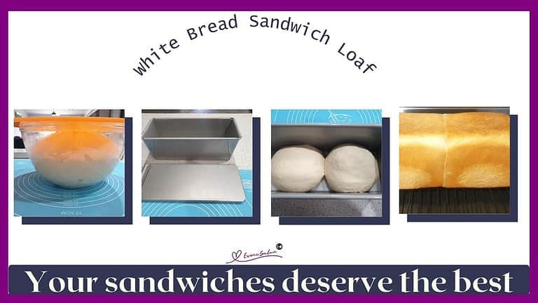an image of White Bread Sandwich Loaf dough proofing, professional bake tin, and baked loaf