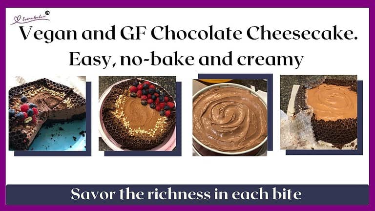 An image of a Creamy No Bake Vegan and GF Chocolate Cheesecake served, sliced and in the process of making