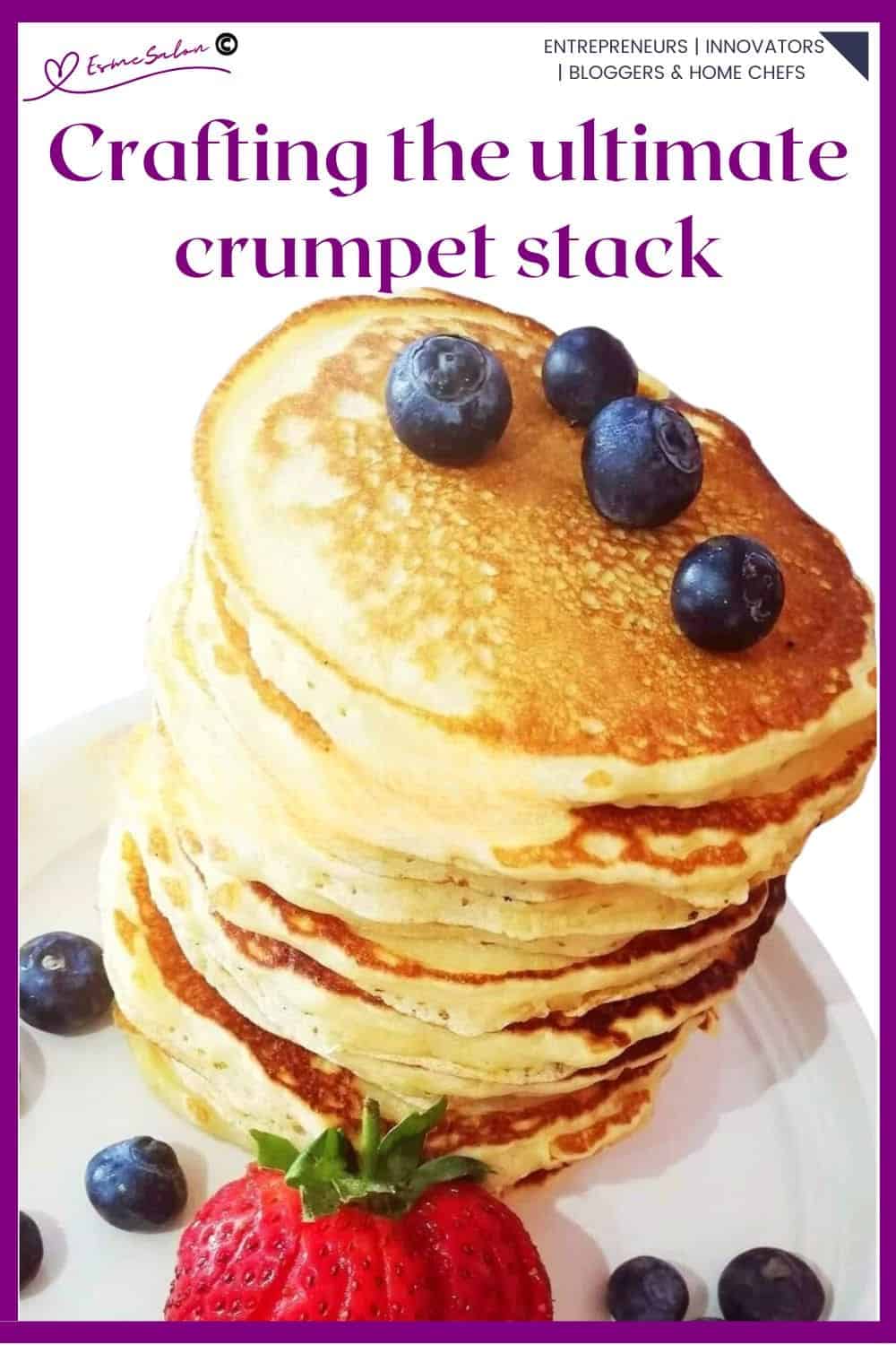 an image of a stack of crumpets with blueberries and strawberries