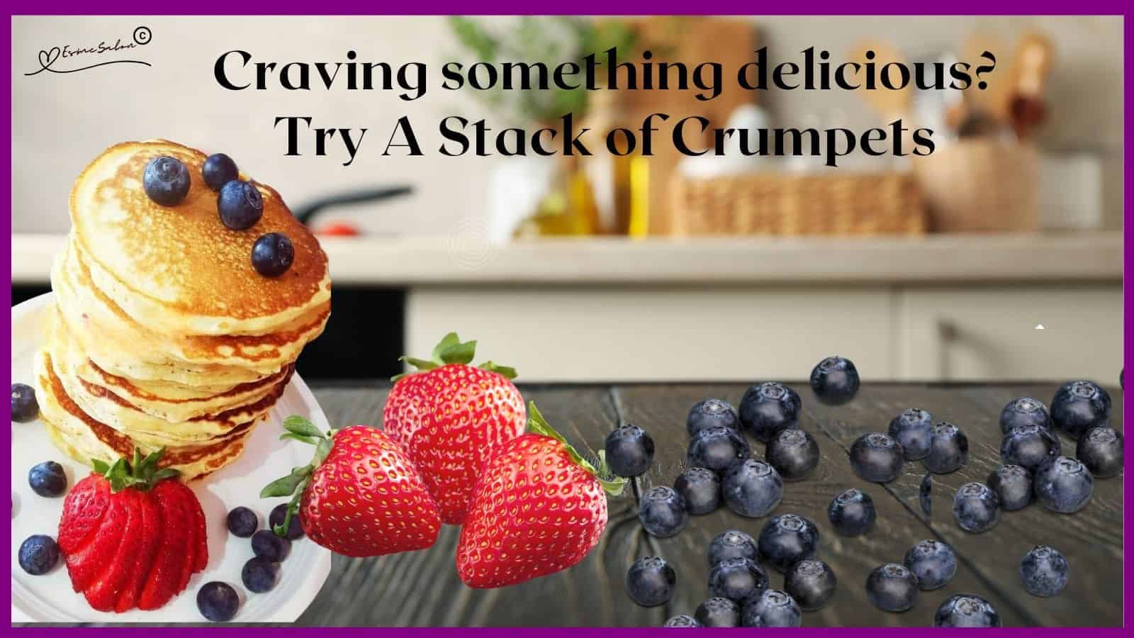 an image of a stack of crumpets with blueberries and strawberries