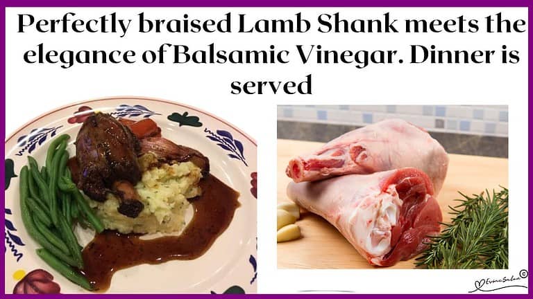 an image of Lamb Shank with Balsamic Vinegar, Honey, Black Currant Jam and Beer plated with green beans and mashed potato