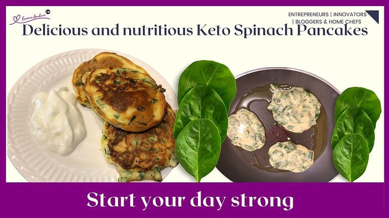 an image of Keto Spinach Pancakes with Greek Yogurt served as well as raw and in the process of being baked