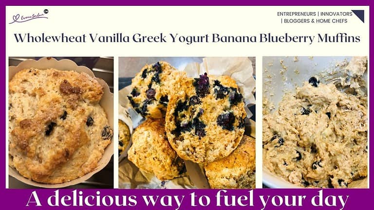 an image of Wholewheat Vanilla Greek Yogurt Banana Blueberry Muffins