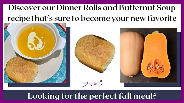 an image of a bowl of Butternut Soup with a swirl of cream abd Dinner Rolls