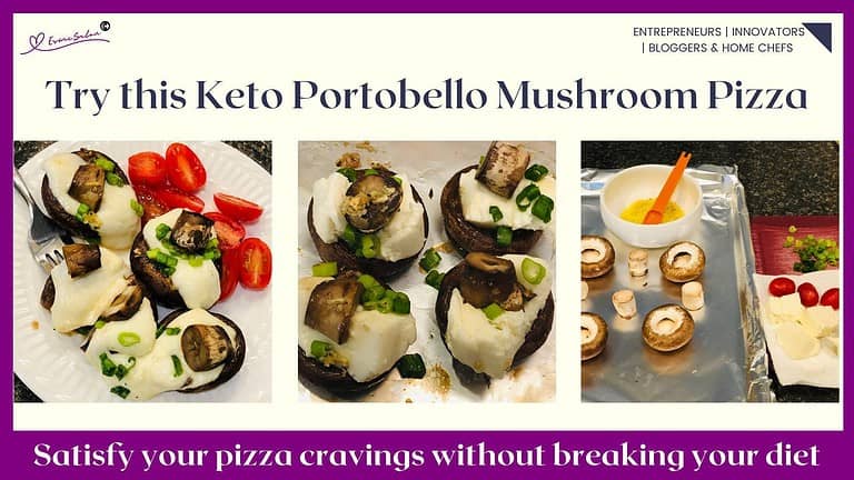 an image of a Keto Portobello Mushroom Pizza with Mozzarella cheese and fresh cherry tomatoes