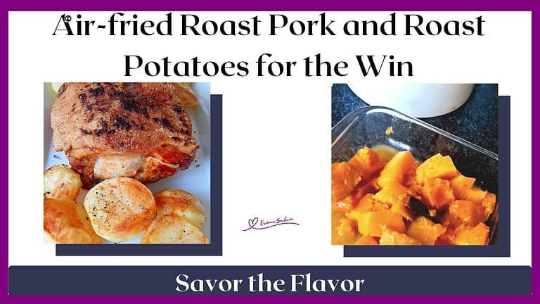 an image of Air Fried Pork Sirloin Roast, with Roast Potatoes, Sweet Pumpkin and Cauliflower