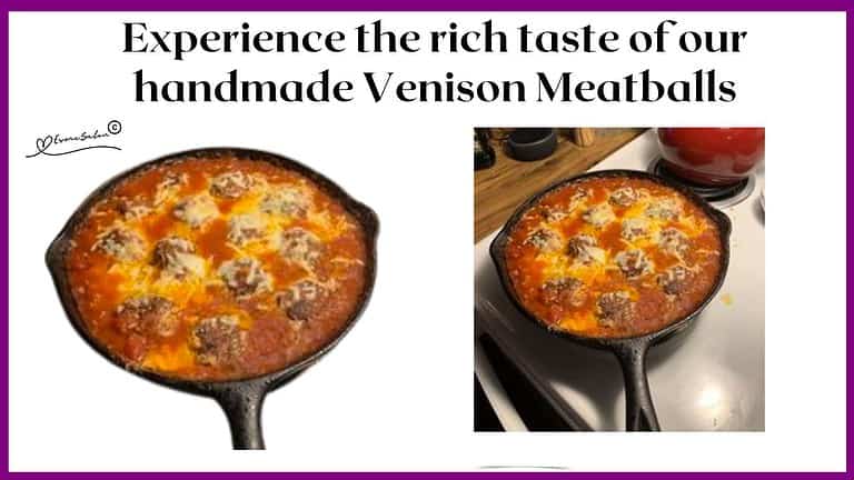 an image of a cast iron pan with Venison Meatballs, tomato sauce and Parmesan cheese