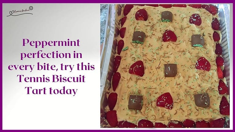 an image of a Tennis Biscuit Peppermint Tart with red cherries and cubes or peppermint aero chocolate