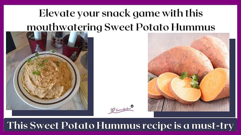 an image of a white round bowl with a blue ring filled with Sweet Potato Hummus