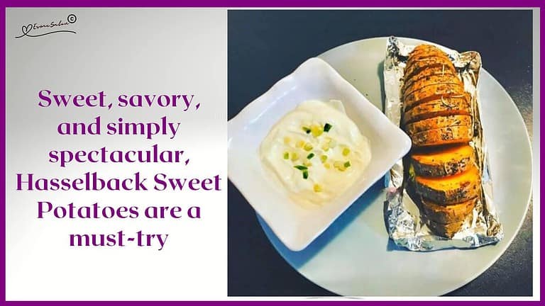 an image of a Hasselback Sweet Potato in foil plated with a side of sour cream