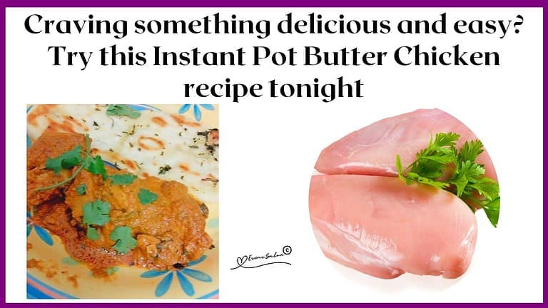 An image of a plate filled with Instant Pot Butter Chicken and served with Naan
