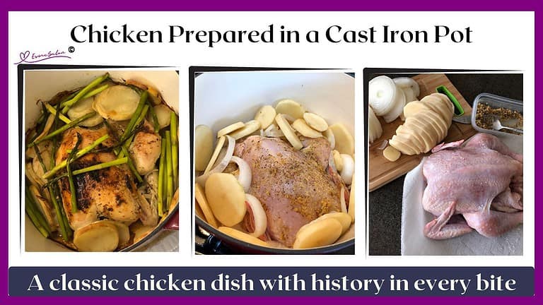 an image of a Chicken in Cast Iron Pot with sliced potato and asparagus spears