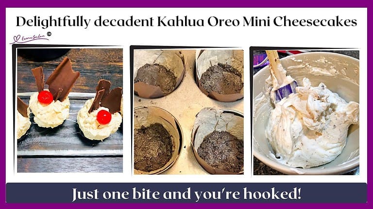an image of Kahlua Oreo Mini Cheesecakes with a maraschino cherry and chocolate shards