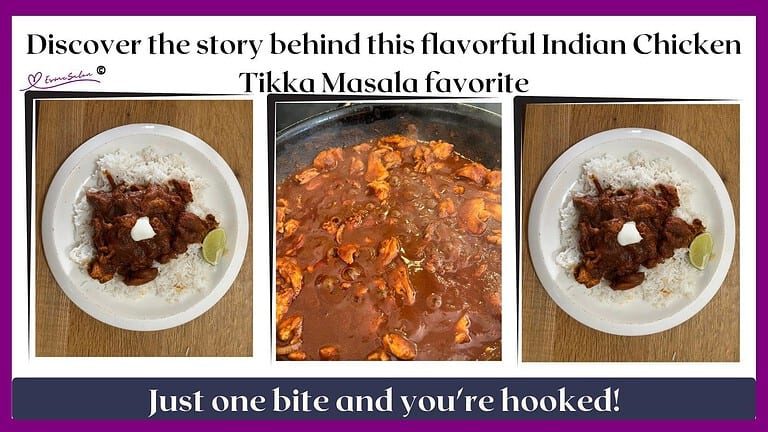 an image of Indian Chicken Tikka Masala plated on rice with a dollop of crème fraiche
