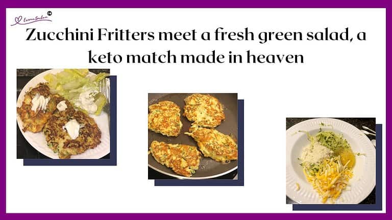 an image of Keto Zucchini Fritters with salad and sour cream