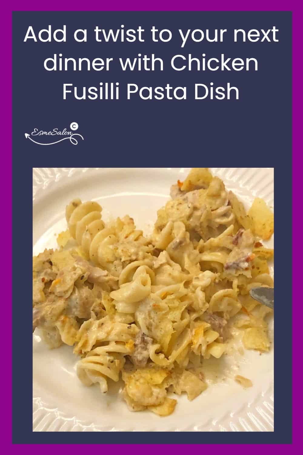 an image of a Chicken Fusilli Pasta Dish with crushed chips as topping and a side of salad