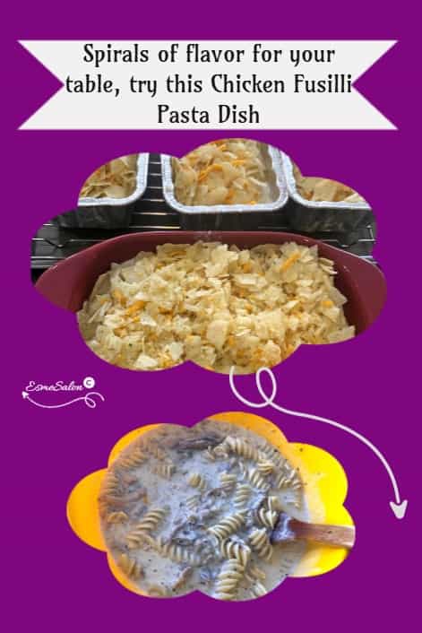 an image of a Chicken Fusilli Pasta Dish with crushed chips as topping and a side of salad