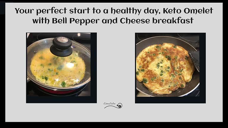 An image of a Keto Omelet with Bell Pepper and Cheese being prepared in a pan on the stove