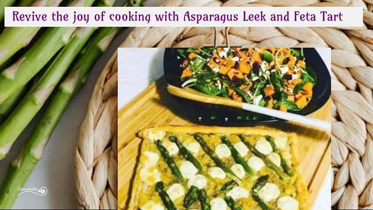 an image of a wooden board with Asparagus Leek and Feta Tart