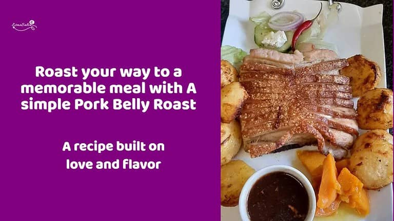 an image of A Simple Pork Belly Roast with veggies, potato and gravy