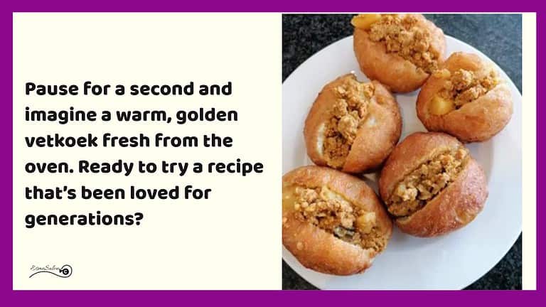 an image of a white plate with 5 Brown Bread Flour Vetkoek filled with minced curry