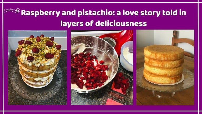 an image of a 4 layer Raspberry and Pistachio Cake