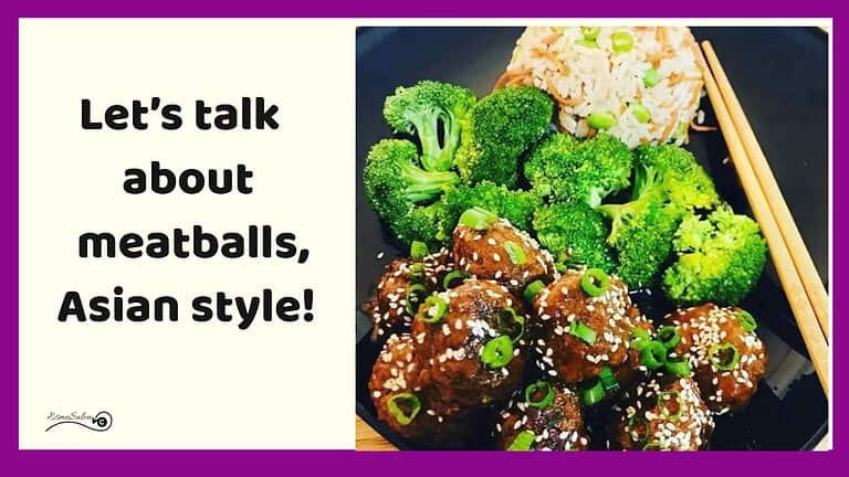 an image of Asian Meatballs with blanched broccoli and leftover rice tossed with edamame & carrots
