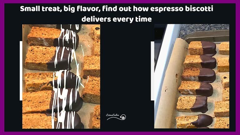 an image of espresso and biscotti partially dipped in brown chocolate and drizzled with white