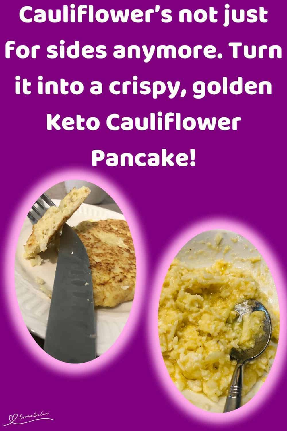 an image of Keto Cauliflower Pancakes in preparation and served on a white plate
