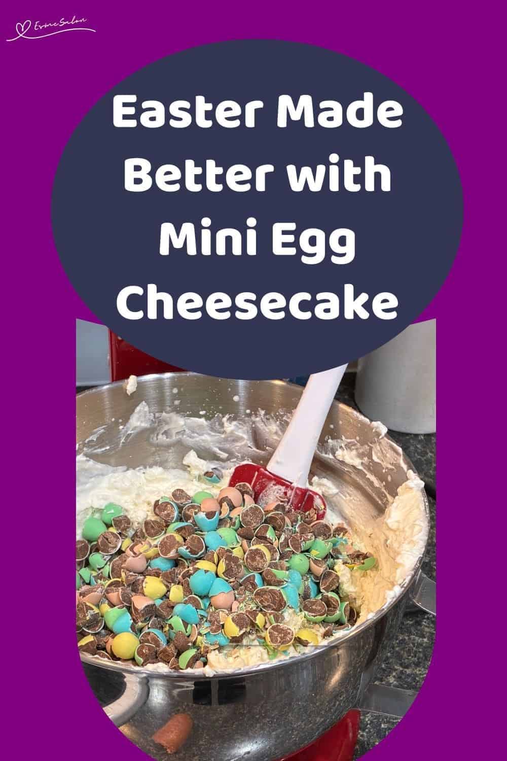 an image of a white plate with a Mini Egg Cheesecake