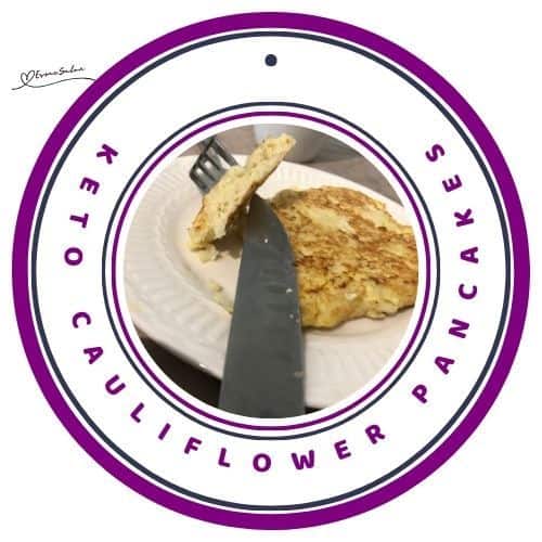 an image of Keto Cauliflower Pancakes in preparation and served on a white plate