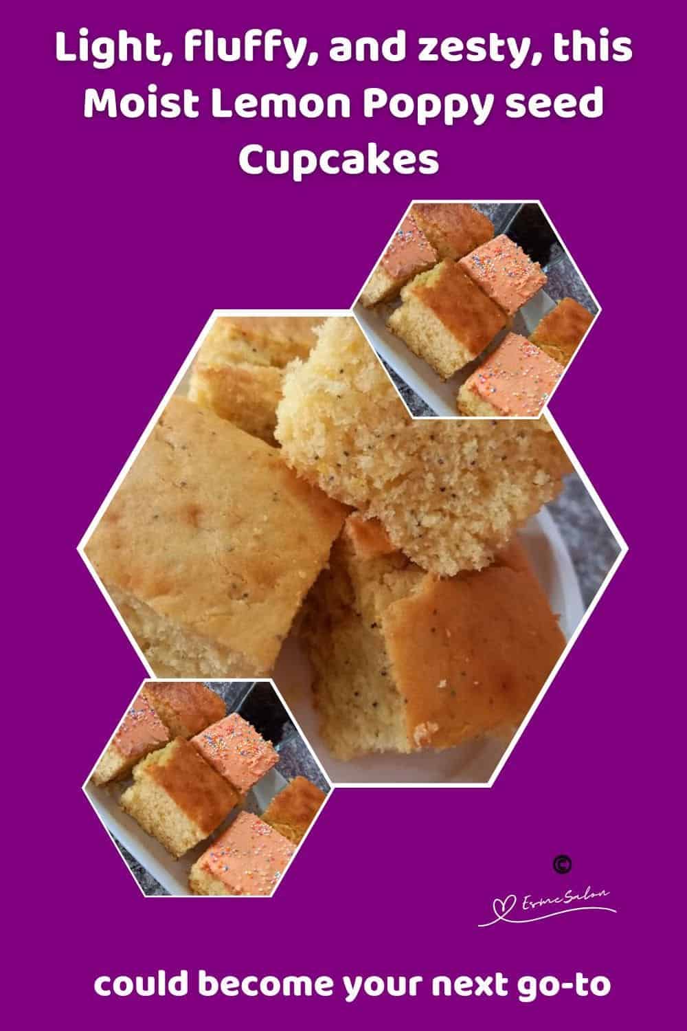 an image of cubes of Moist Lemon Poppy seed Cupcakes