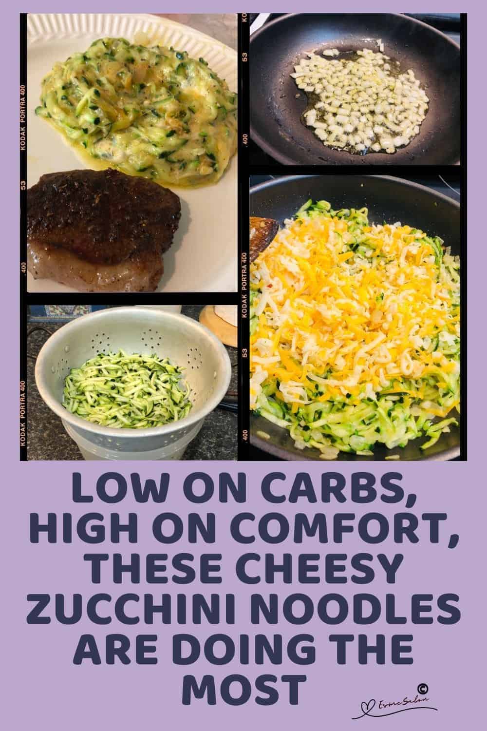 an image of Keto Cheesy Zucchini Noodles with a small piece of steak on the side