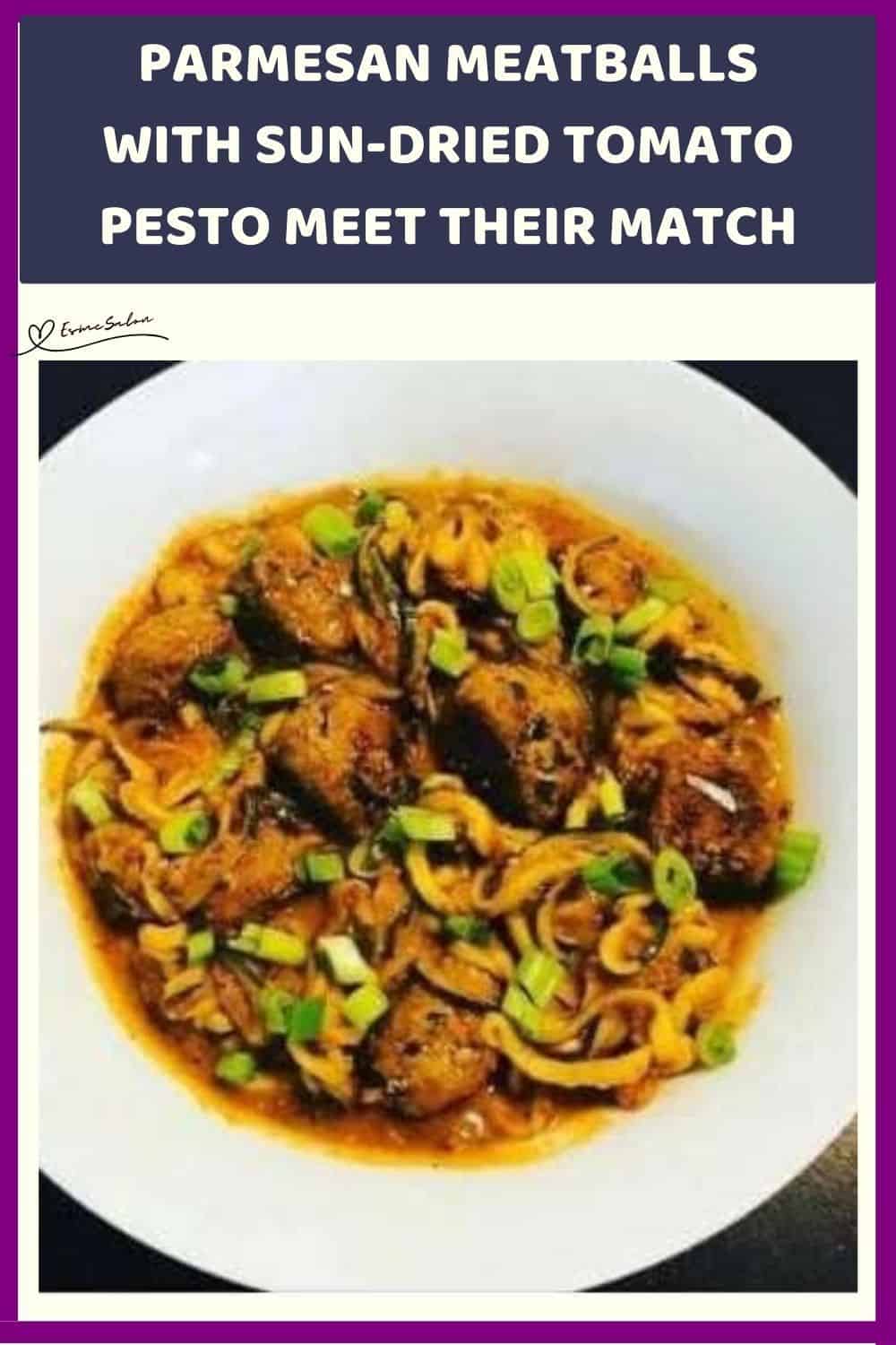 an image of a bowl of Parmesan Meatballs with Sun-dried Tomato Pesto