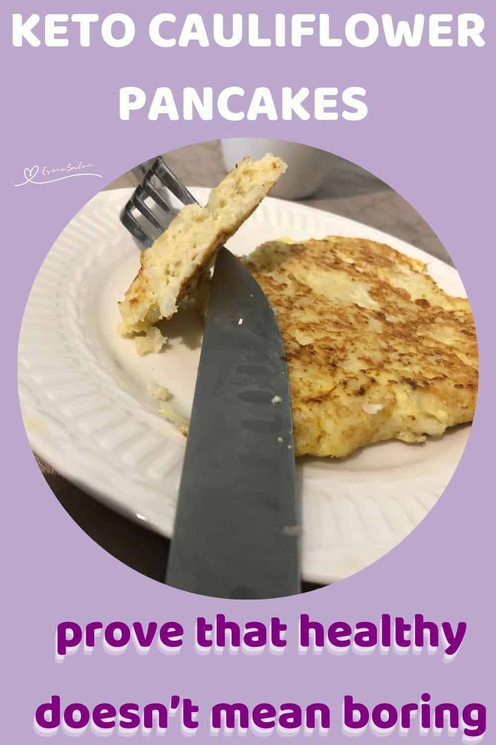 an image of Keto Cauliflower Pancakes in preparation and served on a white plate