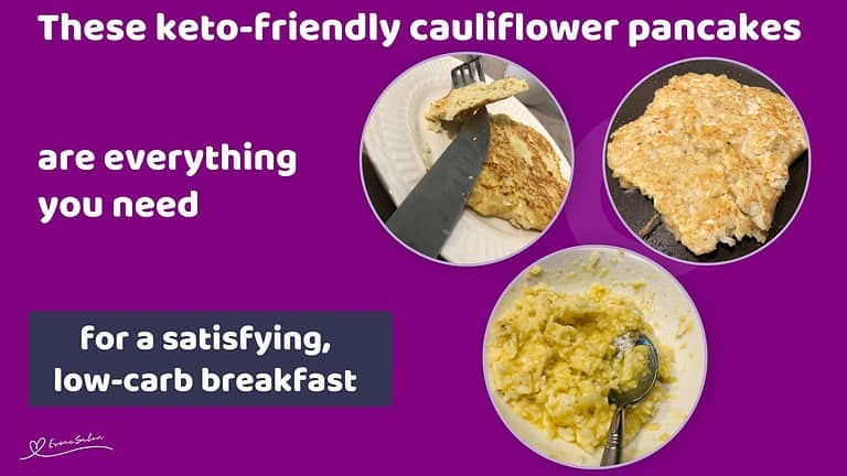 an image of Keto Cauliflower Pancakes in preparation and served on a white plate