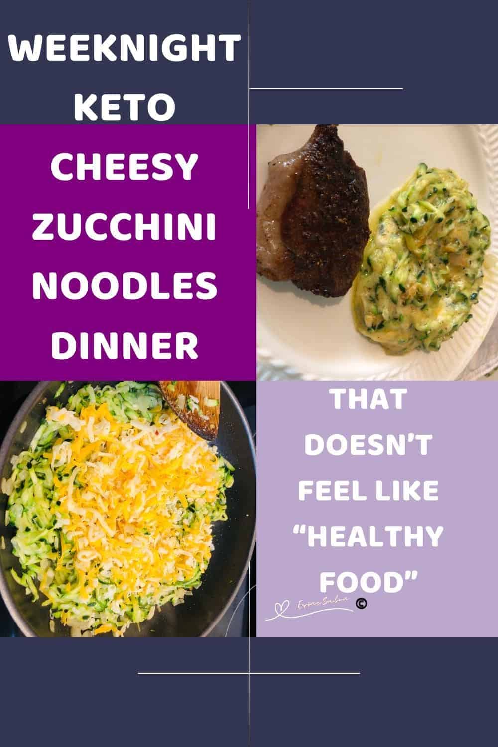 an image of Keto Cheesy Zucchini Noodles with a small piece of steak on the side