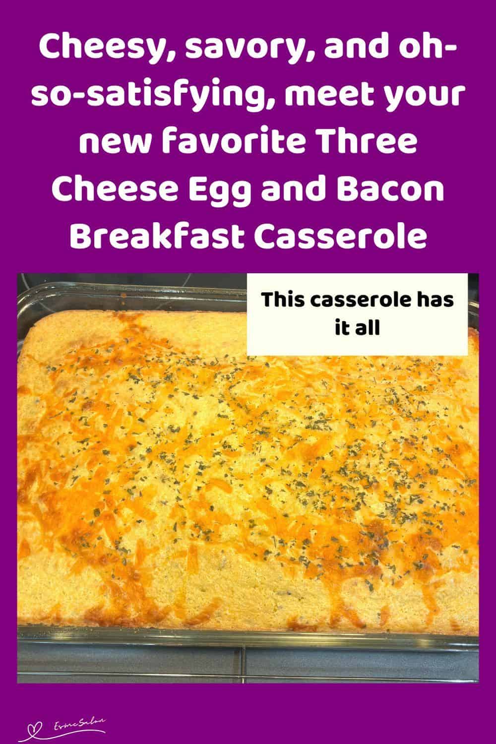 an image of 4 blocks of Three Cheese Egg and Bacon Breakfast Casserole served on a white plate