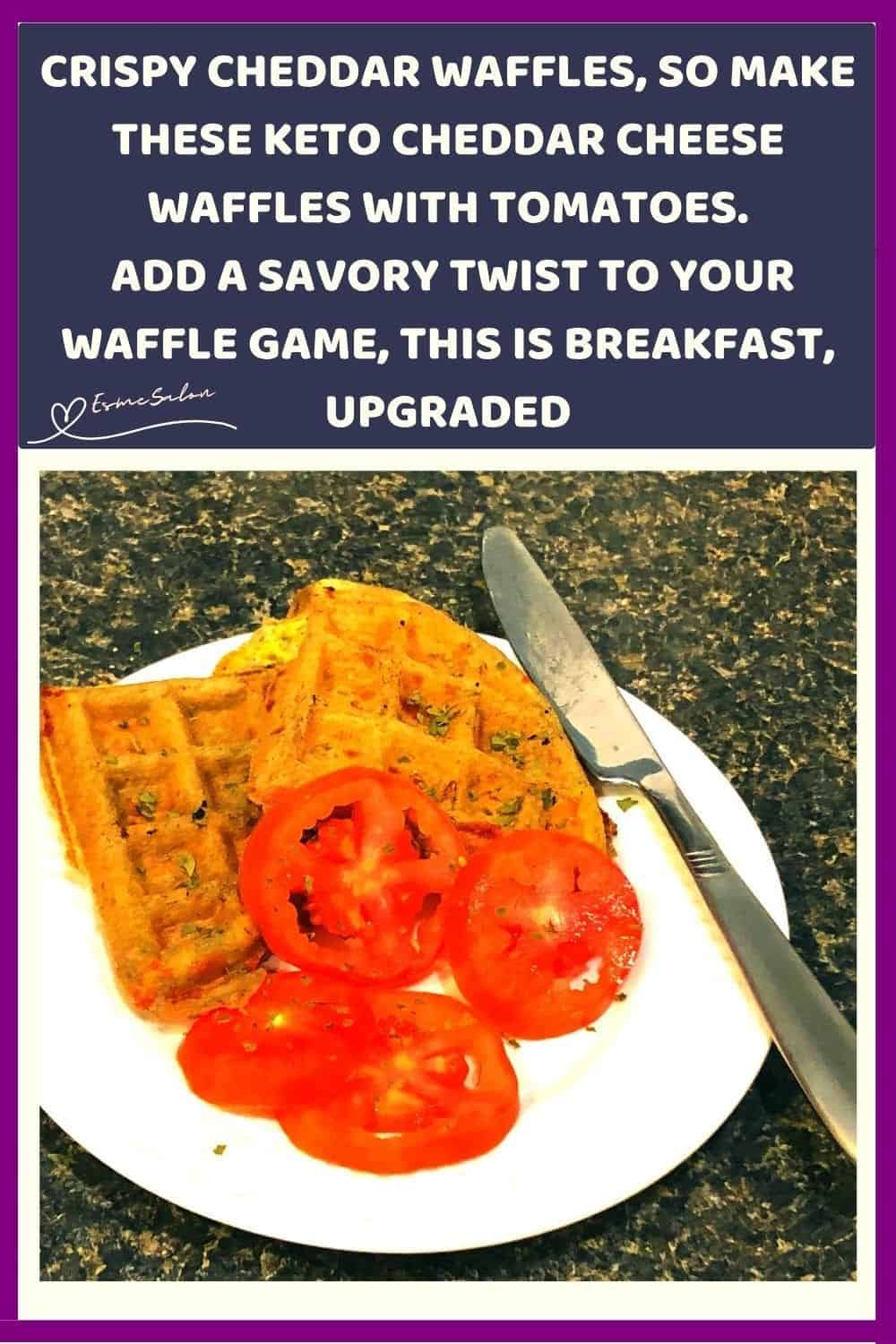 an image of Keto Cheddar Cheese Waffles with Tomatoes on a white plate