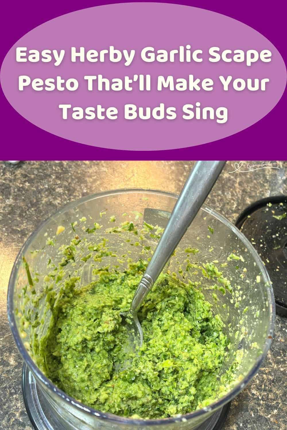 an image of a blender with Easy Herby Garlic Scape Pesto