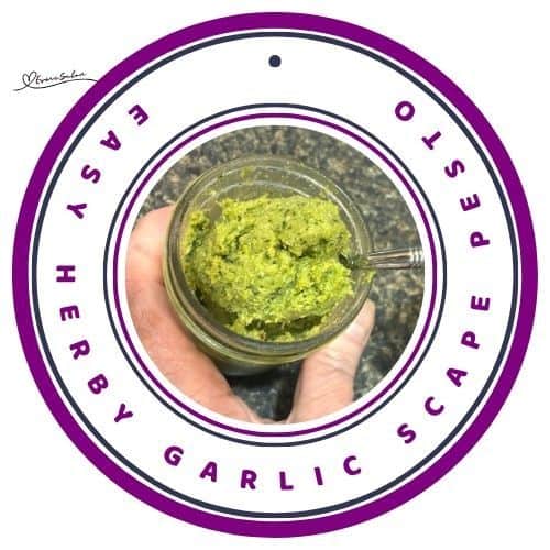 an image of a Consol jar filled with Easy Herby Garlic Scape Pesto