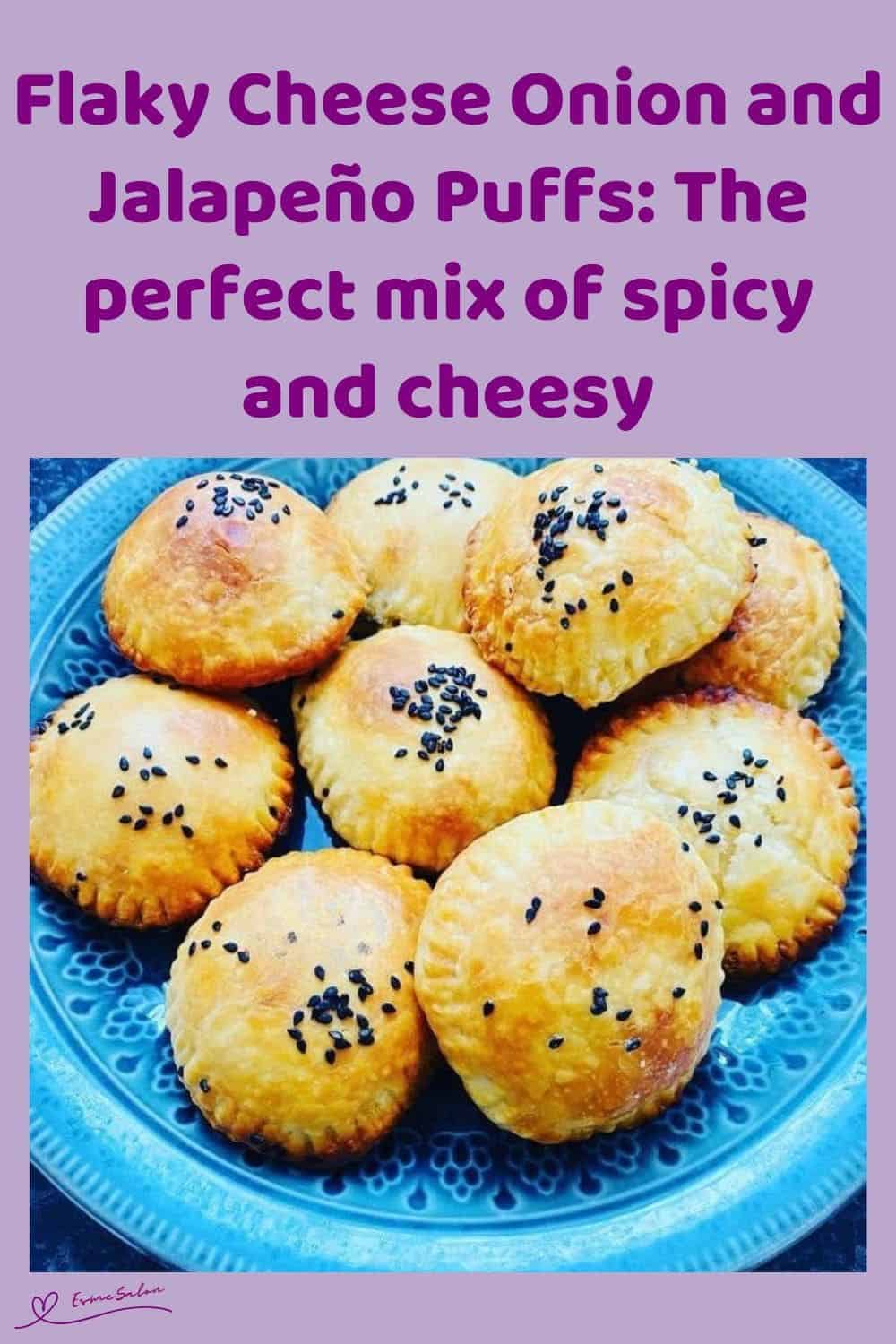 an image of Cheese Onion and Jalapeño Puffs served on a blue plate and sprinkled with black poppy seeds