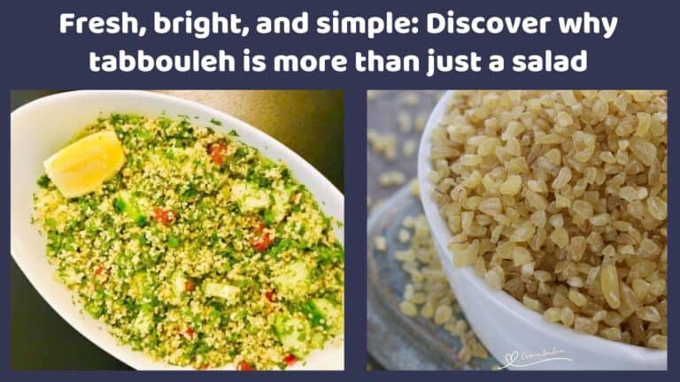 an image of a white oblong dish filled with Bulgur Wheat Tabbouleh with a sliced or lemon on the side