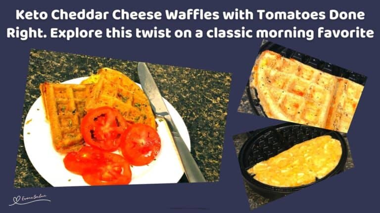 an image of Keto Cheddar Cheese Waffles with Tomatoes on a white plate and on the waffle griddle