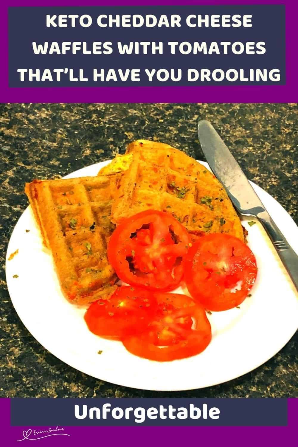 an image of Keto Cheddar Cheese Waffles with Tomatoes on a white plate