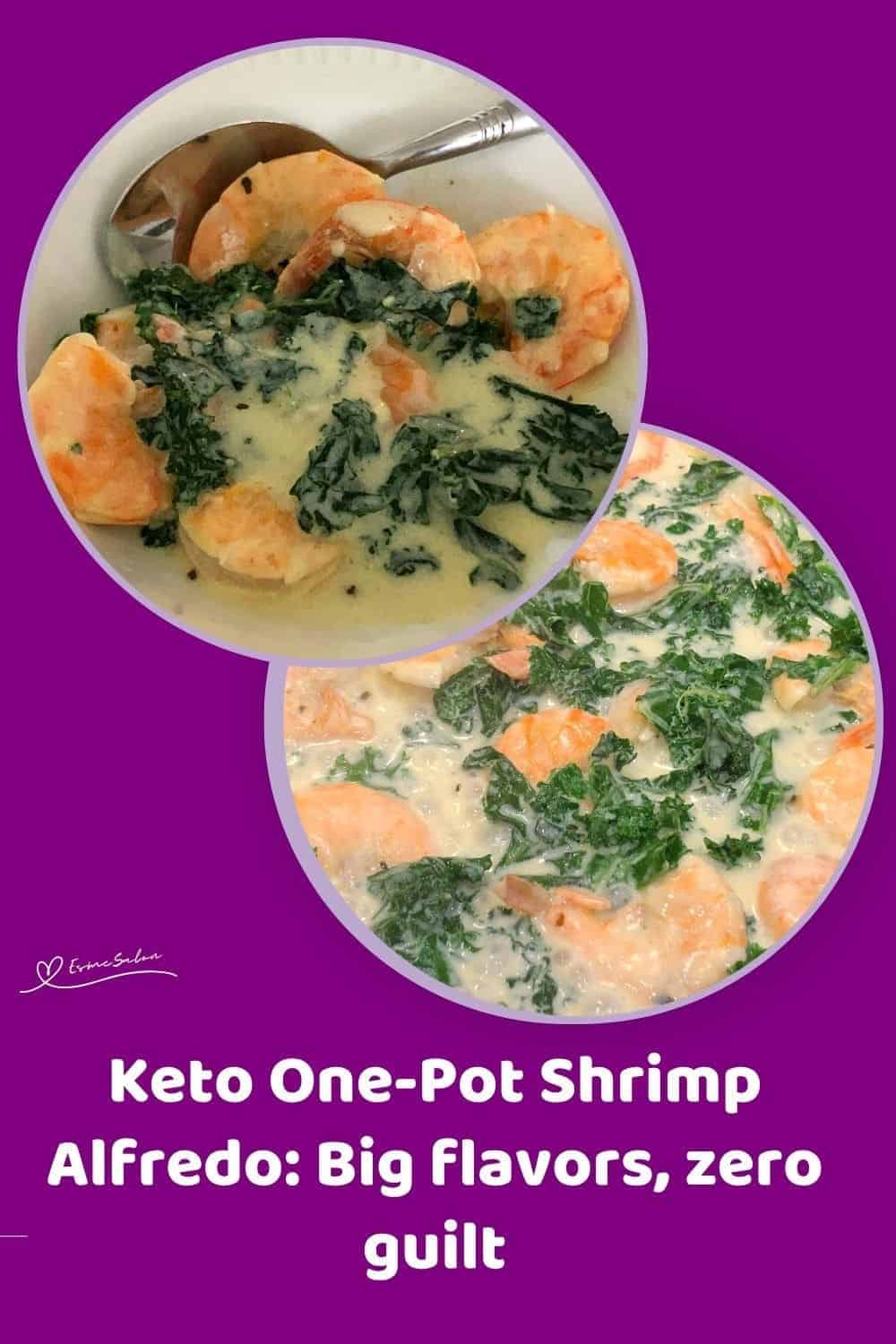 an image of a white plate and silver spoon with Keto One Pot Shrimp Alfredo dish