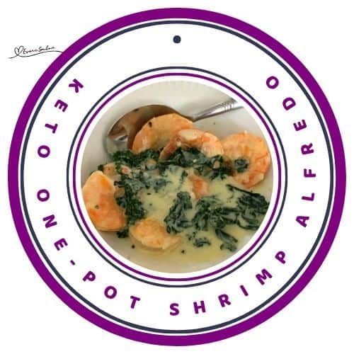 an image of a white plate and silver spoon with Keto One Pot Shrimp Alfredo dish