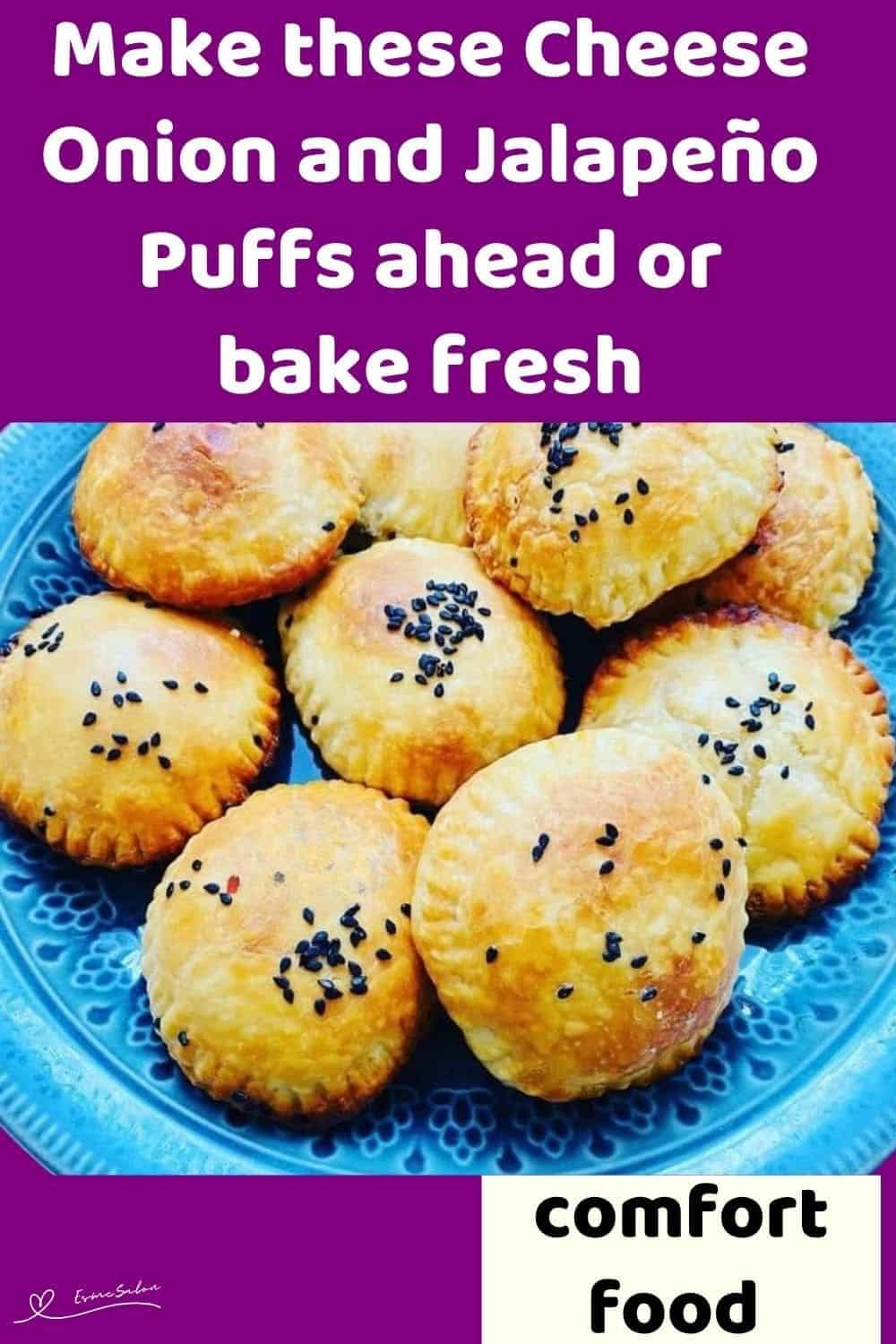 an image of Cheese Onion and Jalapeño Puffs served on a blue plate and sprinkled with black poppy seeds
